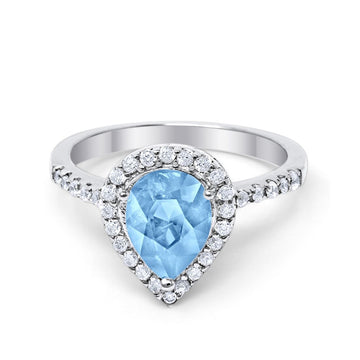 Halo Teardrop Bridal Filigree Ring Simulated Aquamarine CZ 925 Sterling Silver